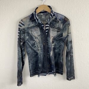 Damee M Denim Look Mesh Jacket Print Sheer Zip Rhinestone Western Wearable Art